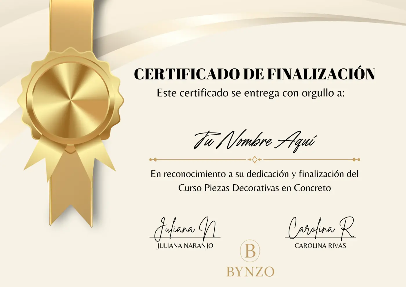 Modelo del certificado de finalización del curso Piezas Decorativas en Concreto